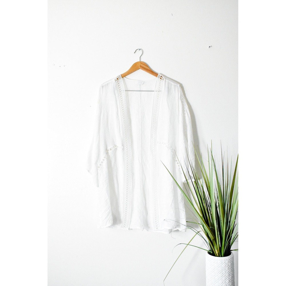 LIFE Kimono Cardigan Women 1X White Modern Eyelet Lace Trim Open Front Boho